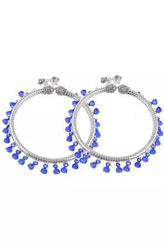 Blue beads drop silver plated anklet kada
