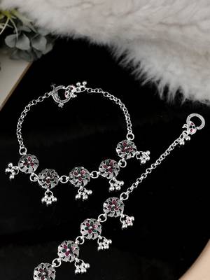 Silver plated oxidised floral chain anklets 1