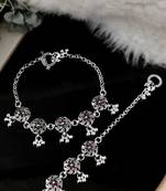 Silver plated oxidised floral chain anklets