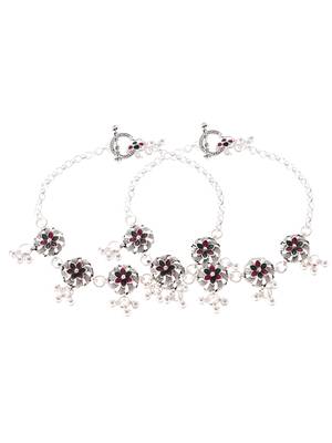 Silver plated oxidised floral chain anklets 2