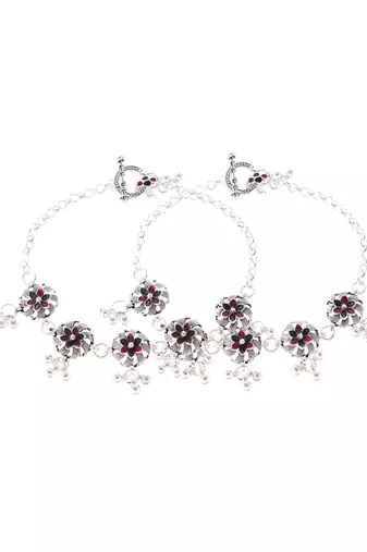 Silver plated oxidised floral chain anklets