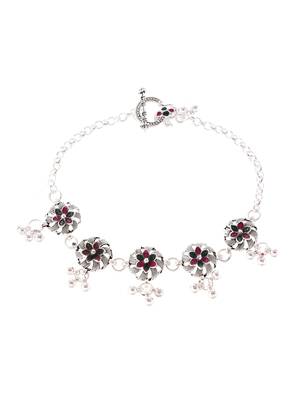Silver plated oxidised floral chain anklets 4