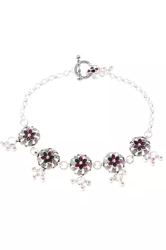 Silver plated oxidised floral chain anklets