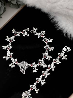 Silver plated oxidised red stone studded anklets 1