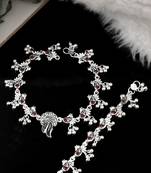 Silver plated oxidised red stone studded anklets