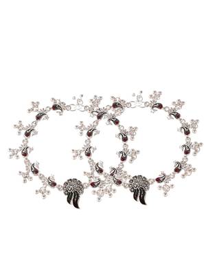 Silver plated oxidised red stone studded anklets 3
