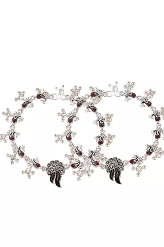 Silver plated oxidised red stone studded anklets