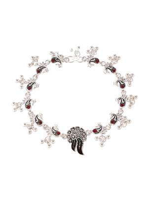 Silver plated oxidised red stone studded anklets 4