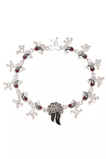 Silver plated oxidised red stone studded anklets