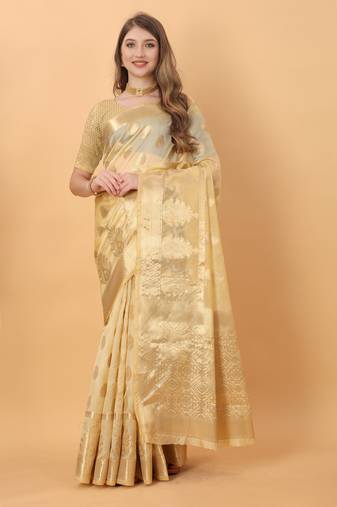 Most Demanding Soft Organja Silk With Rich Golden Zari Pallu & Border