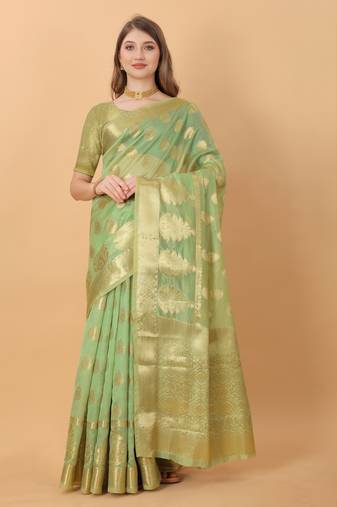 Most Demanding Soft Organja Silk With Rich Golden Zari Pallu & Border