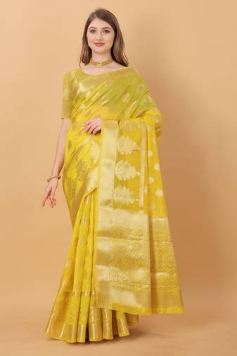Most Demanding Soft Organja Silk With Rich Golden Zari Pallu & Border