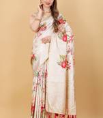 Beautiful Digital Floral Print Soft Silk Blend Saree With Rich Golden Zari Pallu & Border