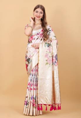 Beautiful Digital Floral Print Soft Silk Blend Saree With Rich Golden Zari Pallu & Border 1