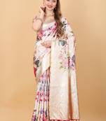 Beautiful Digital Floral Print Soft Silk Blend Saree With Rich Golden Zari Pallu & Border