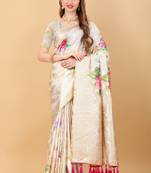 Beautiful Digital Floral Print Soft Silk Blend Saree With Rich Golden Zari Pallu & Border