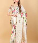 Beautiful Digital Floral Print Soft Silk Blend Saree With Rich Golden Zari Pallu & Border