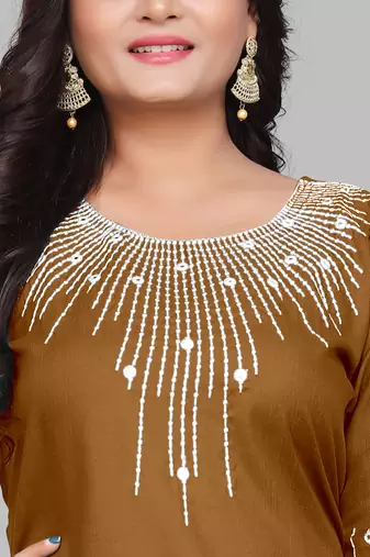 Fashion Kreza Cotton Slub Fabric with 3/4 Sleeves and Exquisite Embroidered Detailing on Neck and Sleeves