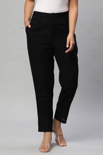 Cotton pencil pant with schiffli deatiling in hem.(black)