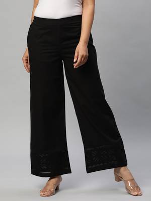 Flared cotton palazzo with applique detailing in hem(black). 1