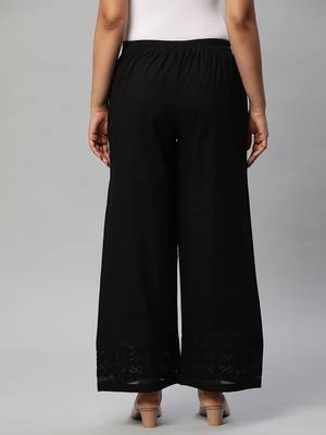 Flared cotton palazzo with applique detailing in hem(black). 2