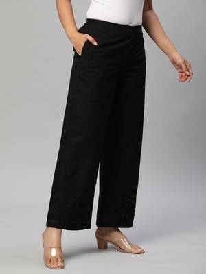 Flared cotton palazzo with applique detailing in hem(black). 3