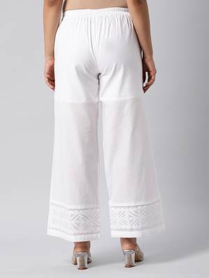 Flared cotton palazzo with applique detailing in hem(white). 2
