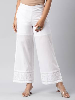 Flared cotton palazzo with applique detailing in hem(white). 1