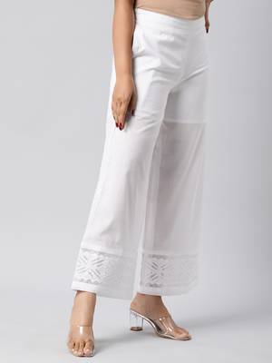 Flared cotton palazzo with applique detailing in hem(white). 3
