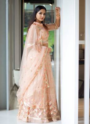 Peach Colour Net A-line Semi-Stitched Lehenga & Unstitched Blouse With Dupatta 2