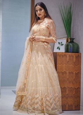 Peach Colour Net A-line Semi-Stitched Lehenga & Unstitched Blouse With Dupatta 3