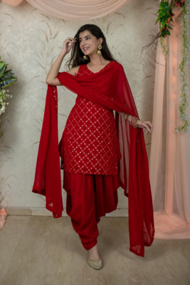 Red Color Embroidered Work Party Wear Patiala Suit With Dupatta  1