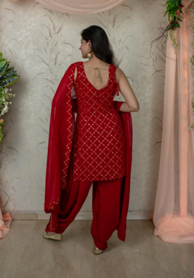 Red Color Embroidered Work Party Wear Patiala Suit With Dupatta  2