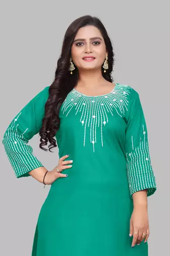 Fashion Kreza Cotton Slub Fabric with 3/4 Sleeves and Exquisite Embroidered Detailing on Neck and Sleeves
