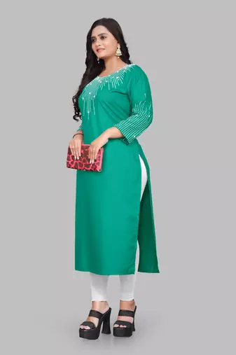 Fashion Kreza Cotton Slub Fabric with 3/4 Sleeves and Exquisite Embroidered Detailing on Neck and Sleeves