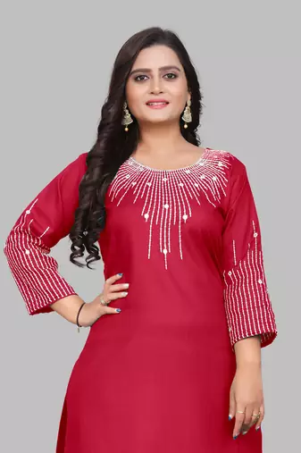 Fashion Kreza Cotton Slub Fabric with 3/4 Sleeves and Exquisite Embroidered Detailing on Neck and Sleeves