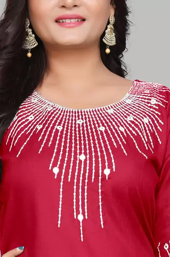 Fashion Kreza Cotton Slub Fabric with 3/4 Sleeves and Exquisite Embroidered Detailing on Neck and Sleeves