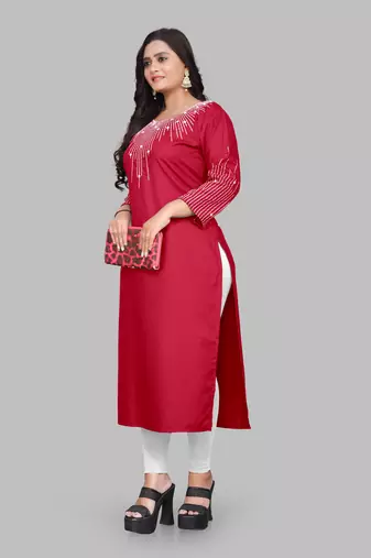 Fashion Kreza Cotton Slub Fabric with 3/4 Sleeves and Exquisite Embroidered Detailing on Neck and Sleeves