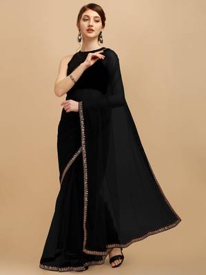 Black Sequins Embroidered Soft Mono Net Saree With Blouse (Un-Stitched) 1