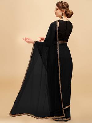 Black Sequins Embroidered Soft Mono Net Saree With Blouse (Un-Stitched) 2
