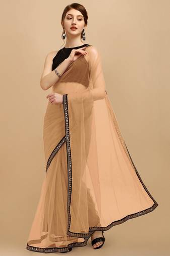 Beige Sequins Embroidered Soft Mono Net Saree With Blouse (Un-Stitched)