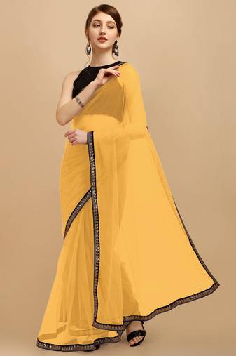 Gold sequins embroidered soft mono net saree with blouse (un-stitched)