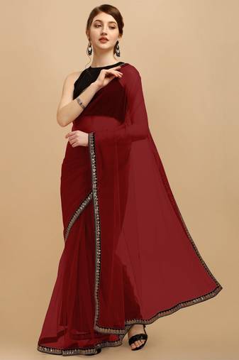 Maroon Sequins Embroidered Soft Mono Net Saree With Blouse (Un-Stitched)