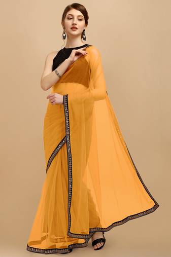 Mustard sequins embroidered soft mono net saree with blouse (un-stitched)