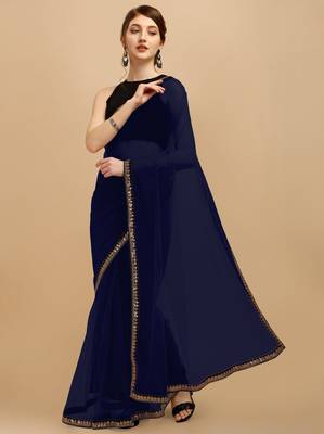 Navy Blue Sequins Embroidered Soft Mono Net Saree With Blouse (Un-Stitched) 1