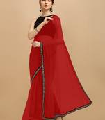 Red Sequins Embroidered Soft Mono Net Saree With Blouse (Un-Stitched)