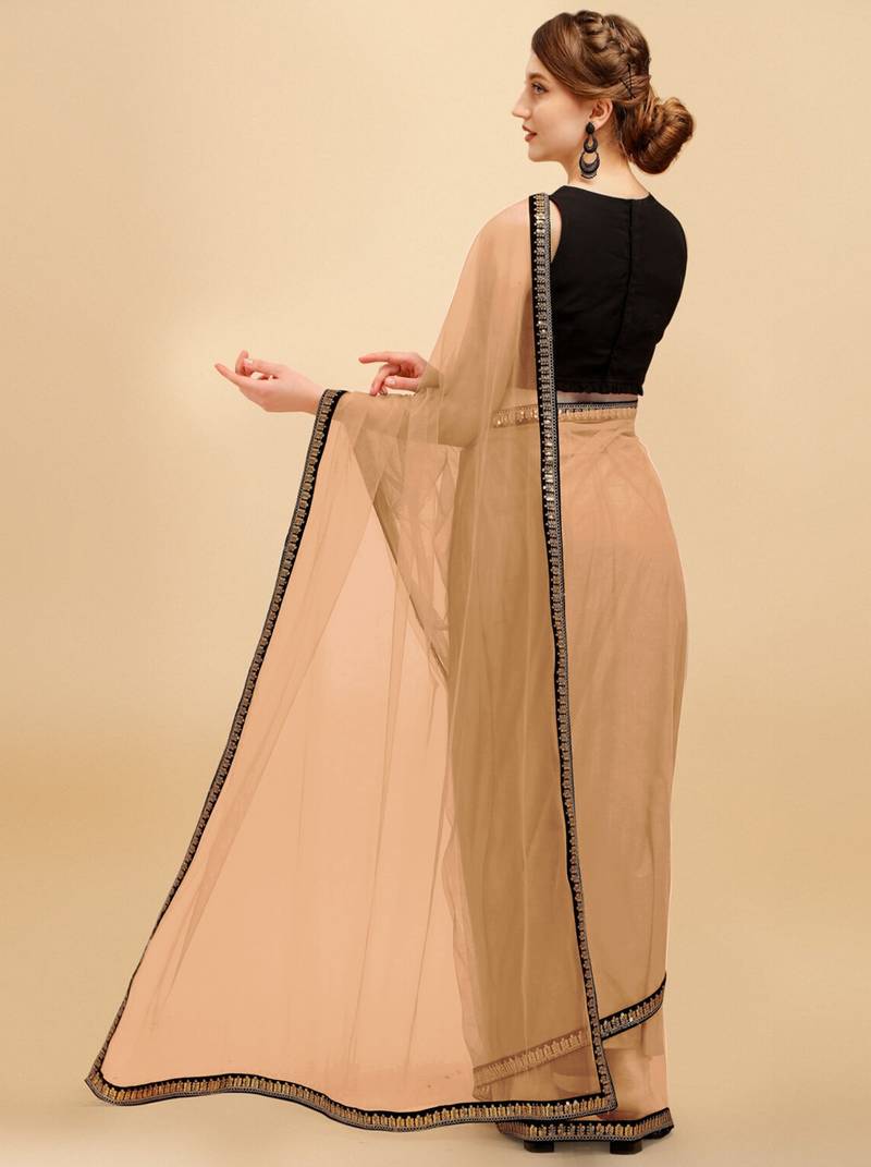 Beige Sequins Embroidered Soft Mono Net Saree With Blouse (Un-Stitched)