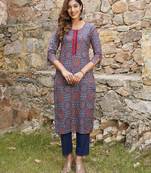 women blue and rust printed a-line kurta pant set