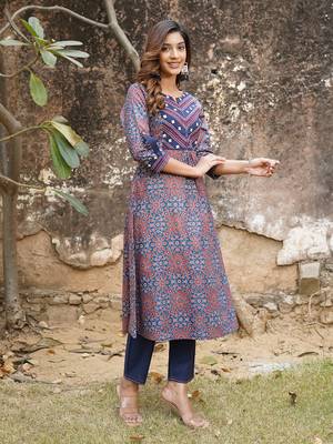 women blue and rust printed straight kurta pant set 2