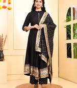 women black printed anarkali kurta palazzo and dupatta set